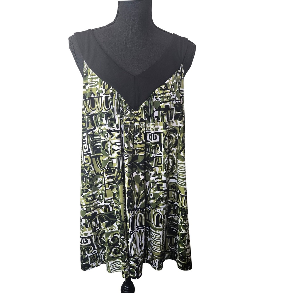 ING Tank Top‎ Womens 2X Green Abstract V-Neck Sleeveless Stretch Knit Blouse